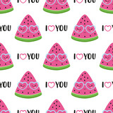 Fototapeta  - seamless pattern with cute watermelon and lettering i love you, flat cartoon style, can be used as wallpaper, wrapping paper, textile, valentines print