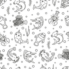 Wall Mural - black and white seamless pattern with ocean fishes, vector background with hammerhead fish, catfish, manatee, swordfish, lionfish, turtle and lobster, flat style