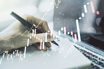 Aufkleber - Double exposure of abstract creative financial diagram with hand writing in notebook on background, banking and accounting concept