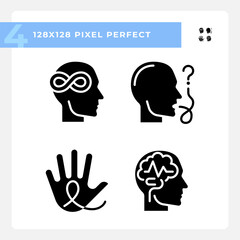 Poster - Neurology diseases black glyph icons set on white space. Neurological illness. Intellectual disability, brain damage. Silhouette symbols. Solid pictogram pack. Vector isolated illustration