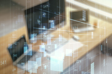 Poster - Abstract creative analytics data spreadsheet and modern desktop with pc on background, analytics and analysis concept. Multiexposure