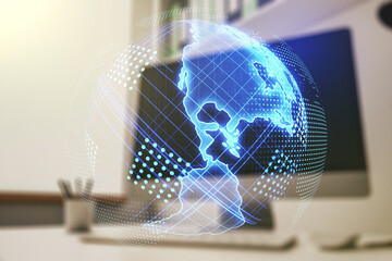 Poster - Digital America map and modern desktop with pc on background, global technology concept. Multiexposure