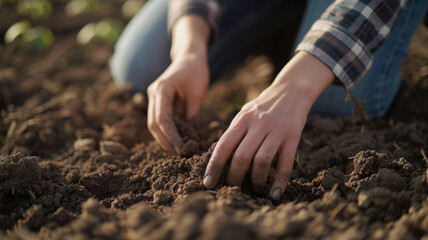 Wall Mural - Farmer's hands inspecting the ground