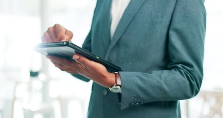 Poster - Businessman, tablet and hands typing for social media, communication or research at office. Closeup of man or employee with technology in online search, networking or browsing and scroll at workplace