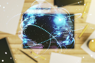 Aufkleber - Abstract graphic digital world map with connections and modern digital tablet on desktop on background, top view, globalization concept. Multiexposure