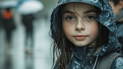 Sticker - Portrait of a schoolgirl in the middle of a rainy street.