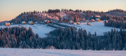 Wall Mural - extremely frosty mountain landscape at sunrise.pieniny mountain,poland.