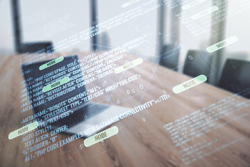 Poster - Multi exposure of abstract software development hologram on laptop background, research and analytics concept