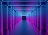 Fototapeta Perspektywa 3d - Blue Pink neon tunnel. Corridor with gradient blue pink glowing fluorescent lamp.