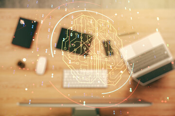 Poster - Creative artificial Intelligence concept with human brain sketch on modern computer background. Double exposure