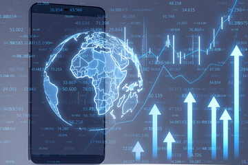 Poster - Close up of cellphone with growing business chart, globe and arrows on blue background. Financial growth and market concept. 3D Rendering.
