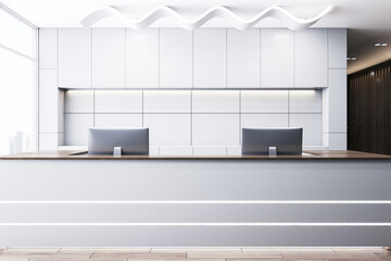 Poster - Sleek office reception area with wave patterned ceiling and wooden feature wall. 3D Rendering