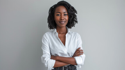 Wall Mural - woman with short blonde hair and a confident smile is wearing a white shirt and stands with her arms crossed against a light grey background