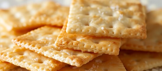 Poster - Macro lens captures close-up shots of saltine crackers on a white background.