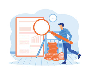 Poster - Men study the financial statement. Financial report, digital accounting, audit and financial research.  flat vector modern illustration 