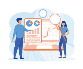Poster - audit concept. man and woman analyzing business operation using magnifying glass. financial inspecti