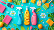 Spring Cleaning concept background with an image of colorful detergent bottles and brushes surrounded by green spring season leaves