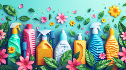 Spring Cleaning concept background with an image of colorful detergent bottles and brushes surrounded by green spring season leaves