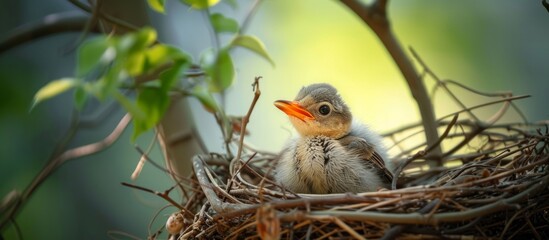 Poster - Baby bird patiently perched in the nest, anticipating its parents' arrival.