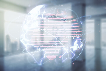 Poster - Double exposure of abstract digital world map hologram with connections on empty room interior background, big data and blockchain concept