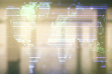 Poster - Double exposure of abstract digital world map on empty modern office background, research and strategy concept