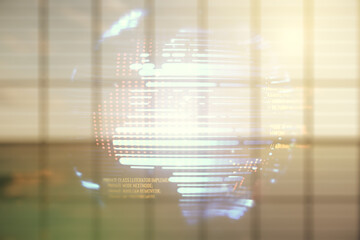 Aufkleber - Multi exposure of abstract creative coding sketch and world map on empty corporate office background, artificial intelligence and neural networks concept