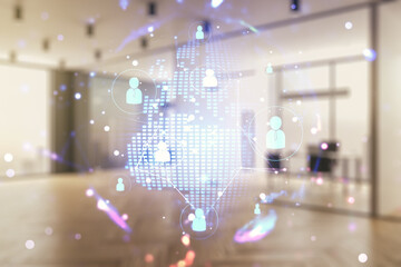Aufkleber - Virtual social network media hologram and world map on a modern furnished classroom background. Double exposure