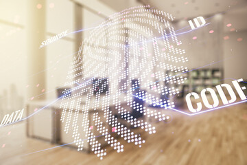 Poster - Multi exposure of virtual graphic fingerprint sketch on a modern furnished classroom background, fingerprint scan data concept