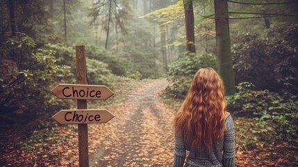 Contemplative woman at crossroads with two way sign saying  choice  in decision making concept