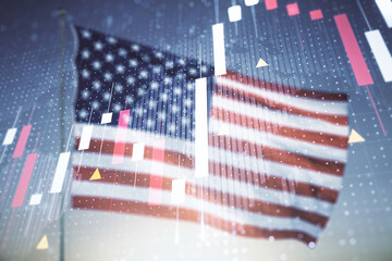 Poster - Double exposure of abstract creative financial diagram and world map on US flag and blue sky background, banking and accounting concept