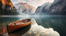 Beautiful view of traditional wooden rowing boat on scenic Lago di Braies in the Dolomites in scenic morning light at sunrise