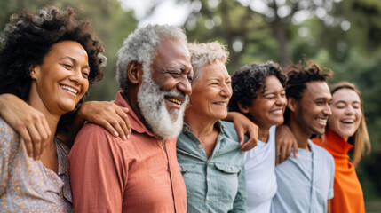 Sticker - diverse group of people, including two older men and three younger women, are laughing and embracing each other