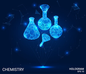 Wall Mural - Hologram chemistry. Chemical flasks made of polygons, triangles of dots and lines. Chemistry low-poly structure of the compound. Technology concept vector.