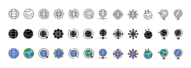 Planet icon set. Linear, silhouette and flat style. Vector icons
