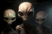 Group Of Aliens Close Up. Alien Invasion By Unknown Characters. Fictional Representatives Of Life On Another Planet