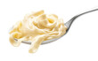 Creamy Alfredo Pasta flowing through a White spoon on a White or Clear Surface PNG Transparent Background