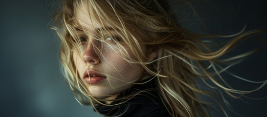 Wall Mural - Blonde girl with wind-blown hair featured in portrait.