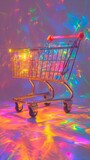 Fototapeta  - A shopping cart illuminated by neon lights on a psychedelic backdrop