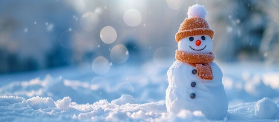 Wall Mural - Snow-covered snowman toy with a hat.