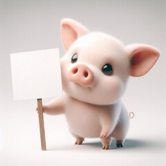 Cute pink baby pig holding a white blank sign