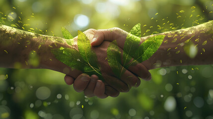 Handshake with green leaves. People protect pollution and climate change, Nature protection, Environmental conservation