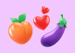 Glossy peach, eggplant and two hearts isolated on lilac background. Set of Emoji icon