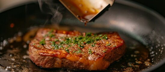 Poster - Close-up shot of a golden brown, medium well steak being flipped with a frying shovel in a pan.