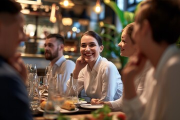 Diverse colleagues dinner meeting lunch in office restaurant businessmen group cafeteria cafe discussion business fine dining corporate teamwork expensive tasty dish food coworkers cheering talking