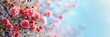 banner with place for text with a delicate spring branch of a rose bush with peach flowers on a blue sky background. spring concept, flowers, March 8, poster, blue background