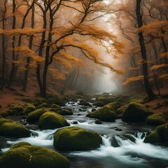 Poster - stream in a misty autumn forest with foggy trees around