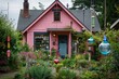 A yarrow pink craftsman cottage with a backyard and a series of hanging, colorful glass wind chimes
