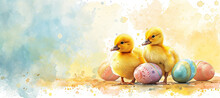 Banner Of Watercolour Illustration Of Little Two Ducks With Easter Eggs