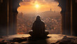 Recreation of a man with robe and hood praying with a muslim city at background