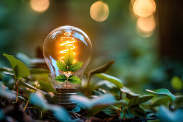 Ecology concept. Hand holding light bulb against nature on green leaf with energy sources, Sustainable developmen and responsible environmental, Energy sources for renewable, earth day.